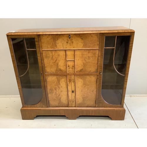 6 - An early 20th century Art Deco style burr walnut secretaire cabinet, width 122cm, depth 34cm, height... 