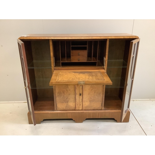 6 - An early 20th century Art Deco style burr walnut secretaire cabinet, width 122cm, depth 34cm, height... 