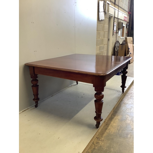 62 - A Victorian rectangular mahogany extending dining table, 280cm extended, three spare leaves, depth 1... 