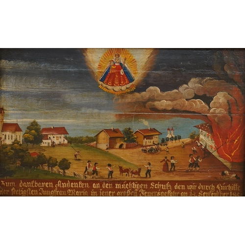 743 - 19th century naive German folklore oil on panel, Coastal village under siege, with German inscriptio... 