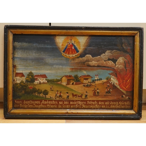 743 - 19th century naive German folklore oil on panel, Coastal village under siege, with German inscriptio... 