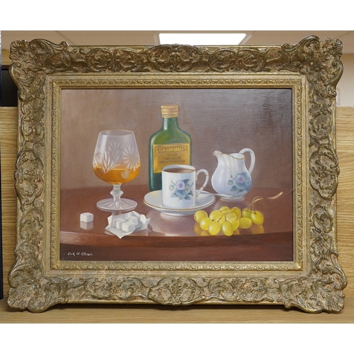 745 - Erik W. Gleave (1916-1995), oil on board, Still life of vessels and fruit, signed, 29 x 39cm, ornate... 