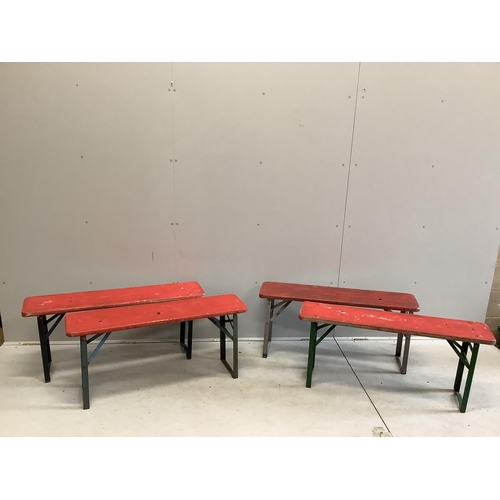 78 - Two folding tables, width 103cm, depth 50cm, height 77cm, together with four red painted benches, wi... 