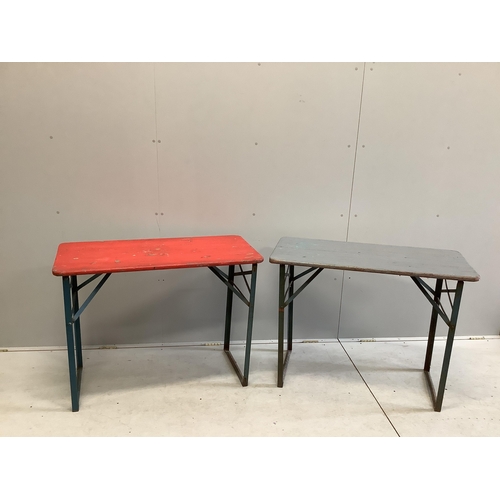 78 - Two folding tables, width 103cm, depth 50cm, height 77cm, together with four red painted benches, wi... 