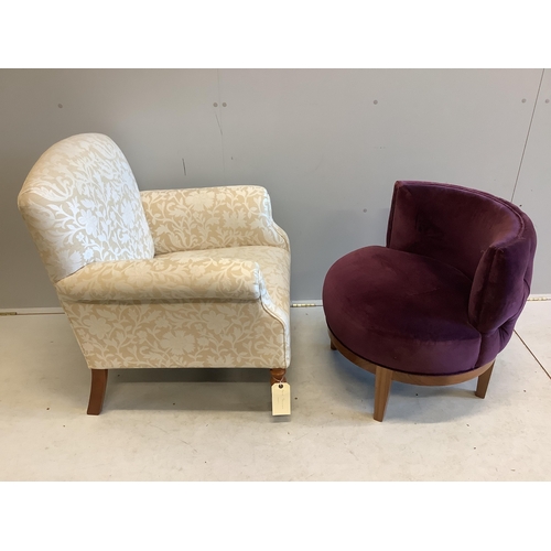 80 - A modern Victorian style upholstered armchair together with a Contemporary mauve velvet tub chair. C... 