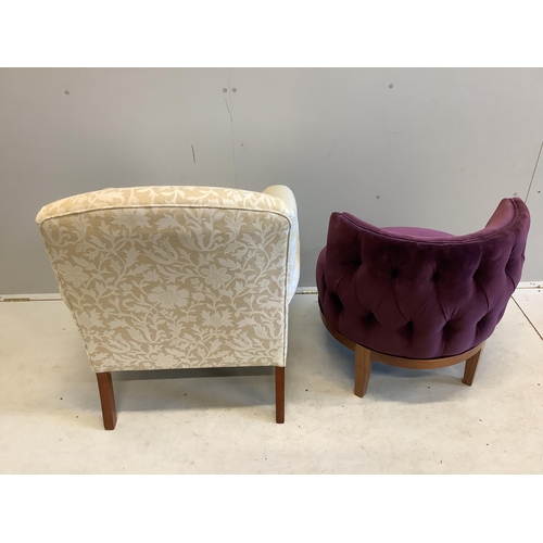 80 - A modern Victorian style upholstered armchair together with a Contemporary mauve velvet tub chair. C... 