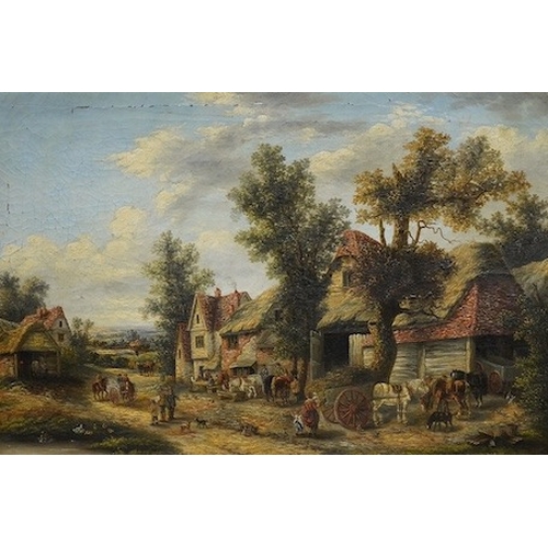 815 - C. Morris, oil on canvas, Village scene with figures and horses, signed, 49 x 75cm, ornately gilt fr... 