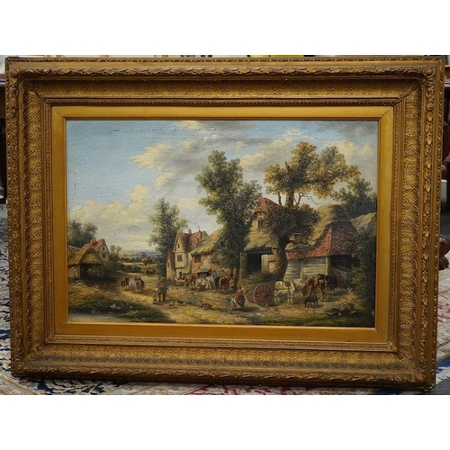 815 - C. Morris, oil on canvas, Village scene with figures and horses, signed, 49 x 75cm, ornately gilt fr... 