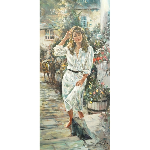 816 - § § Gordon King (English, 1939-2022), oil on canvas, Woman standing on a terrace, a donkey beyond, s... 