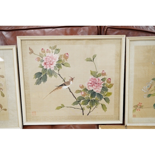 818 - 20th century, Chinese School, set of five watercolours on silk, Birds of Paradise amongst flowers, 2... 