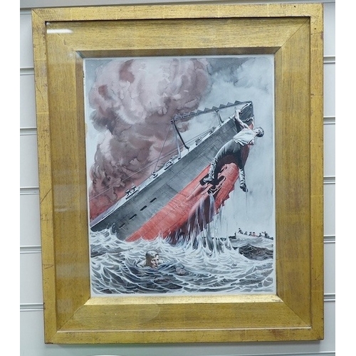 821 - Raymond Sheppard (1913-1958), ink and watercolour illustration, Sinking warship and soldiers, signed... 