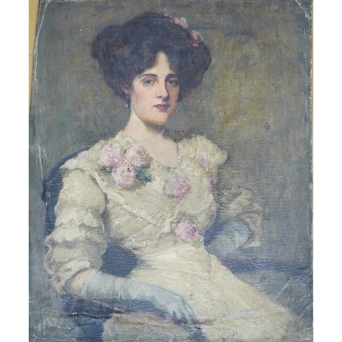 822 - Early 20th century, English school, oil on unstretched canvas, Portrait of a lady, unsigned, 75 x 60... 