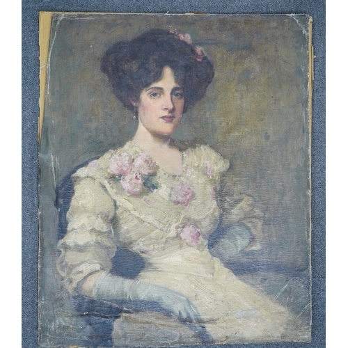 822 - Early 20th century, English school, oil on unstretched canvas, Portrait of a lady, unsigned, 75 x 60... 