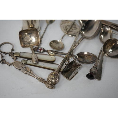 833 - Assorted small silver and other white metal items including fruit knives, a pair of Georgian sugar n... 