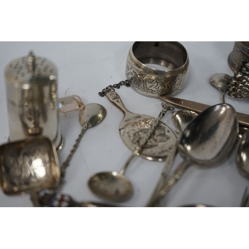 833 - Assorted small silver and other white metal items including fruit knives, a pair of Georgian sugar n... 