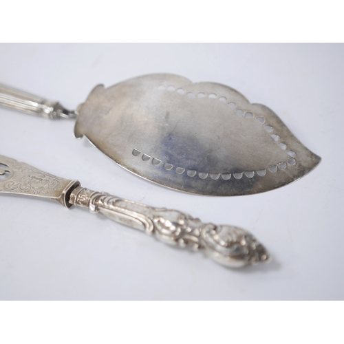 835 - A George III Irish silver fish slice, Joseph Jackson, Dublin, 1801, 30.5cm and a smaller Victorian s... 