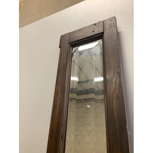 87 - An unusual Victorian narrow oak mirror, width 20cm, length 223cm. Condition - fair to good, plate cr... 