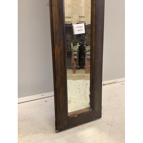 87 - An unusual Victorian narrow oak mirror, width 20cm, length 223cm. Condition - fair to good, plate cr... 