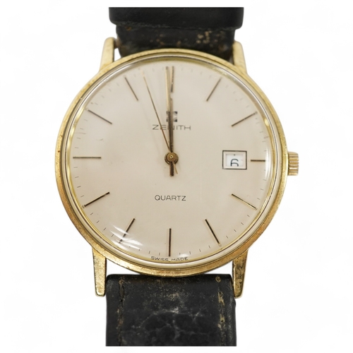 905 - A gentleman's 9k Zenith quartz wrist watch, with baton numerals and date aperture, case diameter 35m... 