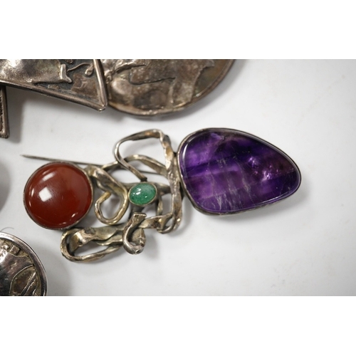 919 - Elaine Coyne- A late 1980's modernist silver and cabochon garnet set drop brooch, 11.8cm, a pair of ... 