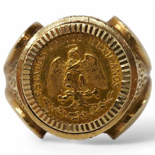 921 - A 9ct gold ring set with a gold Mexican Two Peso coin, size R1/2, British hallmarks, gross weight ap... 