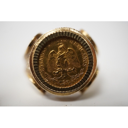 921 - A 9ct gold ring set with a gold Mexican Two Peso coin, size R1/2, British hallmarks, gross weight ap... 