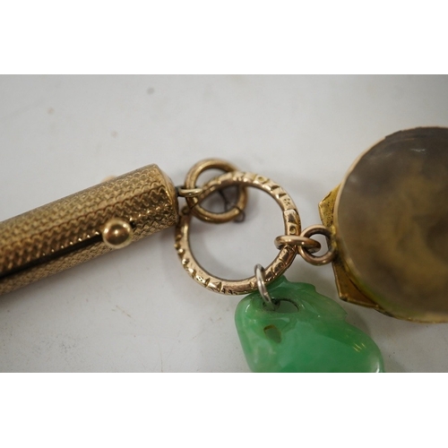 922 - An unmarked yellow metal vinaigrette, 18mm, together with a yellow metal overlaid combination propel... 