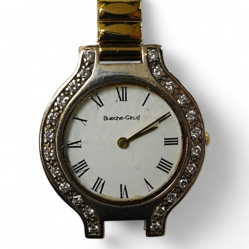 932 - A lady's modern 9kt Bueche Girod quartz wrist watch, with diamond set bezel, case diameter 25mm, on ... 