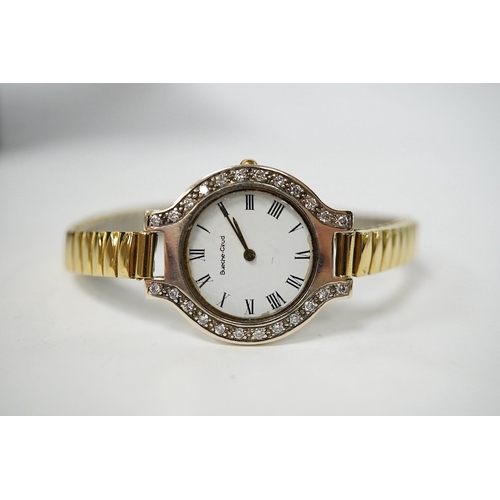 932 - A lady's modern 9kt Bueche Girod quartz wrist watch, with diamond set bezel, case diameter 25mm, on ... 