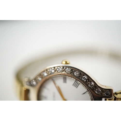 932 - A lady's modern 9kt Bueche Girod quartz wrist watch, with diamond set bezel, case diameter 25mm, on ... 