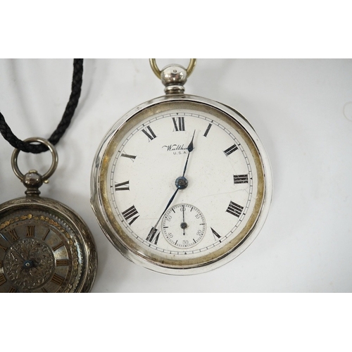 933 - A George V Waltham silver open faced key wind pocket watch (a.f.), a 935 white metal open faced pock... 