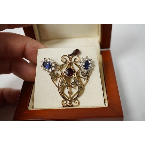 935 - A pair of sapphire and diamond cluster earrings, length 2.2cm each, post fittings, and a gold, garne... 