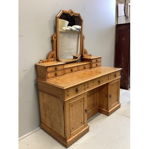 98 - A late Victorian Gothic revival ebony inlaid, bird's eye maple bedroom suite, manner of Charles Beva... 