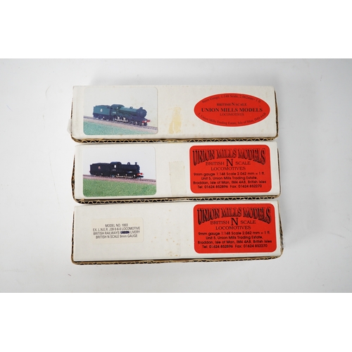 262 - Three boxed Union Mills Models N gauge railway BR locomotives; a Class B12/3, 61546, a Class J26, 65... 