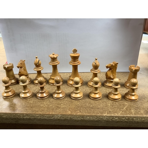 1447 - A chess set, possibly F H Ayres, in a mahogany box, and another larger weighted chess set, in box,  ... 