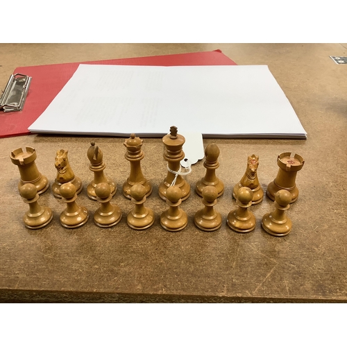 1447 - A chess set, possibly F H Ayres, in a mahogany box, and another larger weighted chess set, in box,  ... 