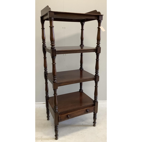 1001 - A Victorian mahogany four tier whatnot, width 60cm, depth 46cm, height 149cm. Condition - fair to go... 