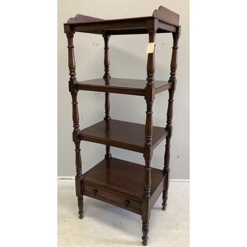 1001 - A Victorian mahogany four tier whatnot, width 60cm, depth 46cm, height 149cm. Condition - fair to go... 