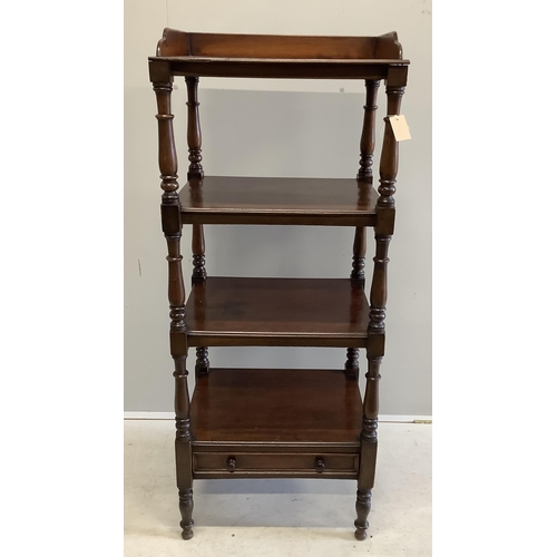 1001 - A Victorian mahogany four tier whatnot, width 60cm, depth 46cm, height 149cm. Condition - fair to go... 