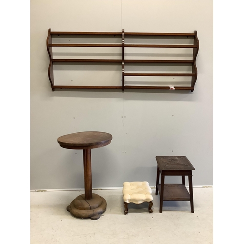 1011 - An Edwardian inlaid mahogany plate rack, length 162cm (a.f), together with a Victorian footstool, a ... 