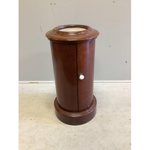 1013 - A Victorian mahogany cylindrical marble topped bedside cabinet, diameter 38cm, height 75cm. Conditio... 