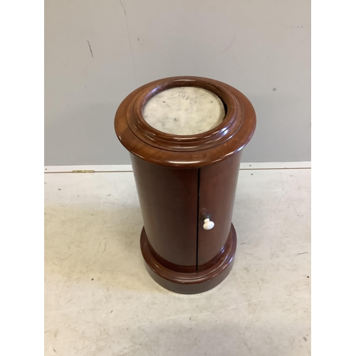 1013 - A Victorian mahogany cylindrical marble topped bedside cabinet, diameter 38cm, height 75cm. Conditio... 