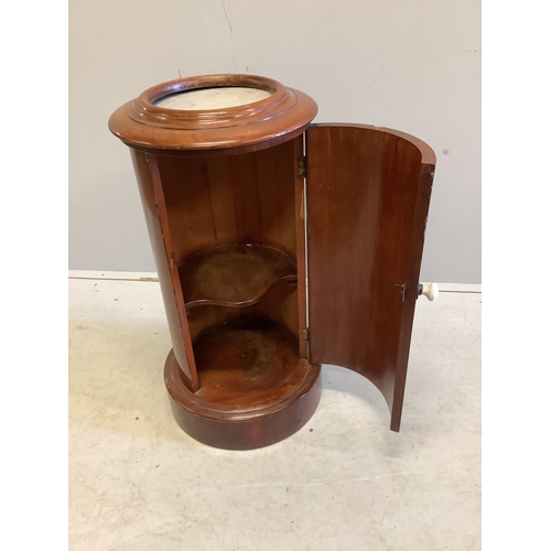 1013 - A Victorian mahogany cylindrical marble topped bedside cabinet, diameter 38cm, height 75cm. Conditio... 