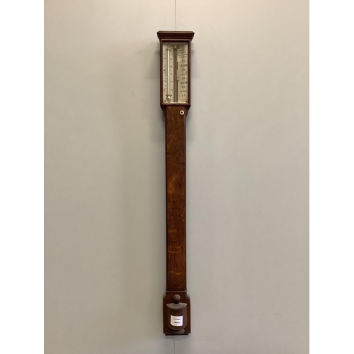 1015 - A Victorian Negretti and Zambra oak stick barometer and thermometer, with engraved bone dial, height... 