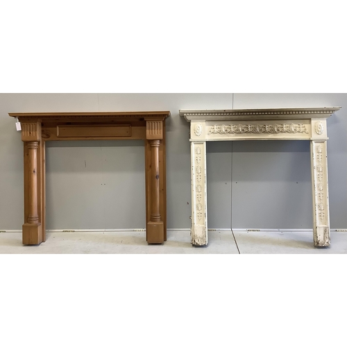 1018 - An 18th century style painted pine fire surround and one other, larger width 138cm, height 116cm. Co... 