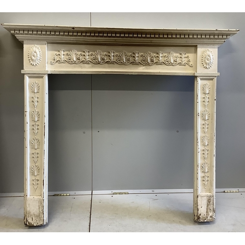 1018 - An 18th century style painted pine fire surround and one other, larger width 138cm, height 116cm. Co... 