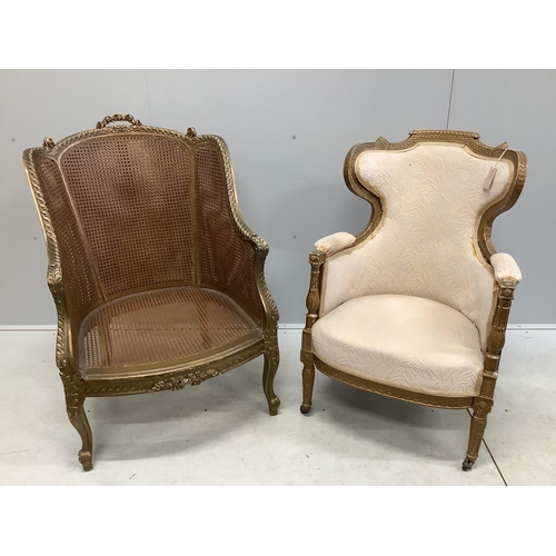 1023 - Two Louis XVI style giltwood armchairs, larger width 68cm, depth 72cm, height 100cm. Condition - fai... 