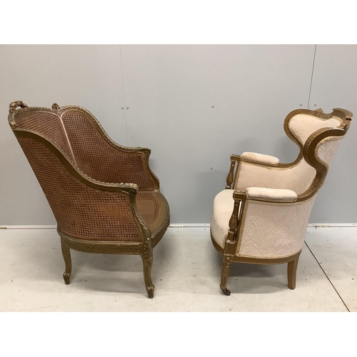 1023 - Two Louis XVI style giltwood armchairs, larger width 68cm, depth 72cm, height 100cm. Condition - fai... 