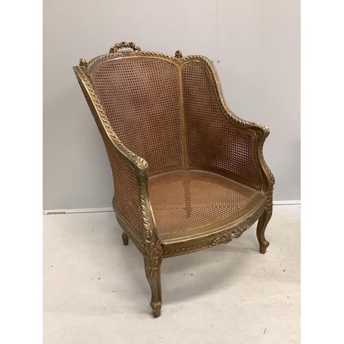 1023 - Two Louis XVI style giltwood armchairs, larger width 68cm, depth 72cm, height 100cm. Condition - fai... 