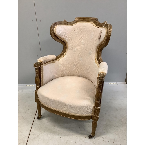 1023 - Two Louis XVI style giltwood armchairs, larger width 68cm, depth 72cm, height 100cm. Condition - fai... 